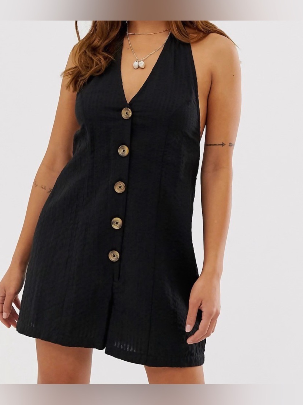 ASOS DESIGN Petite Halter Playsuit With Button Detail Black Romper 6 - Picture 1 of 15